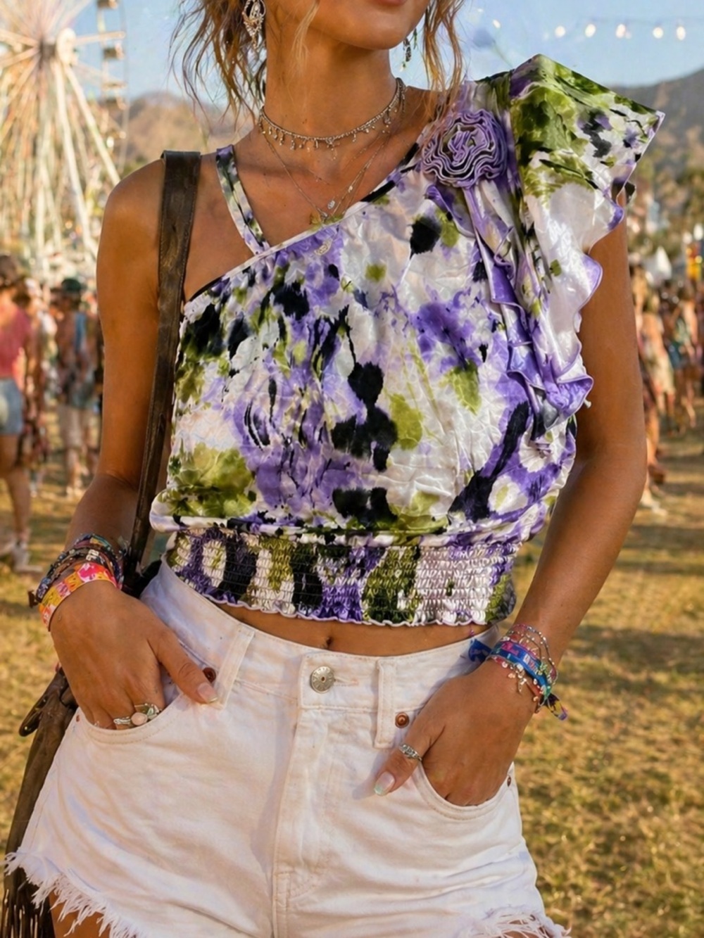 BCX Floral One Shoulder Crop Top | Satin Ruffle Summer Blouse XS
